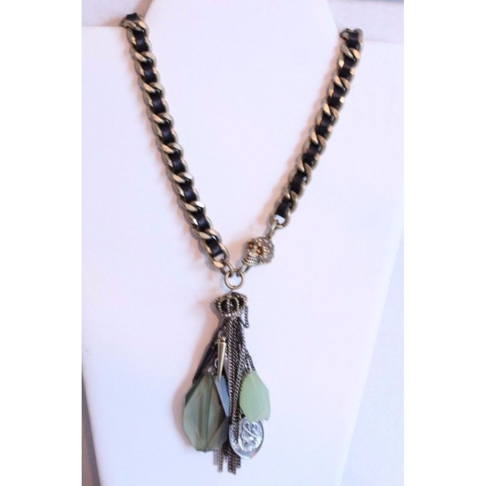 R&R Heavy Metal Leather Skull Chain Bead Necklace Boho Funky Appx 34" w 4" Drop